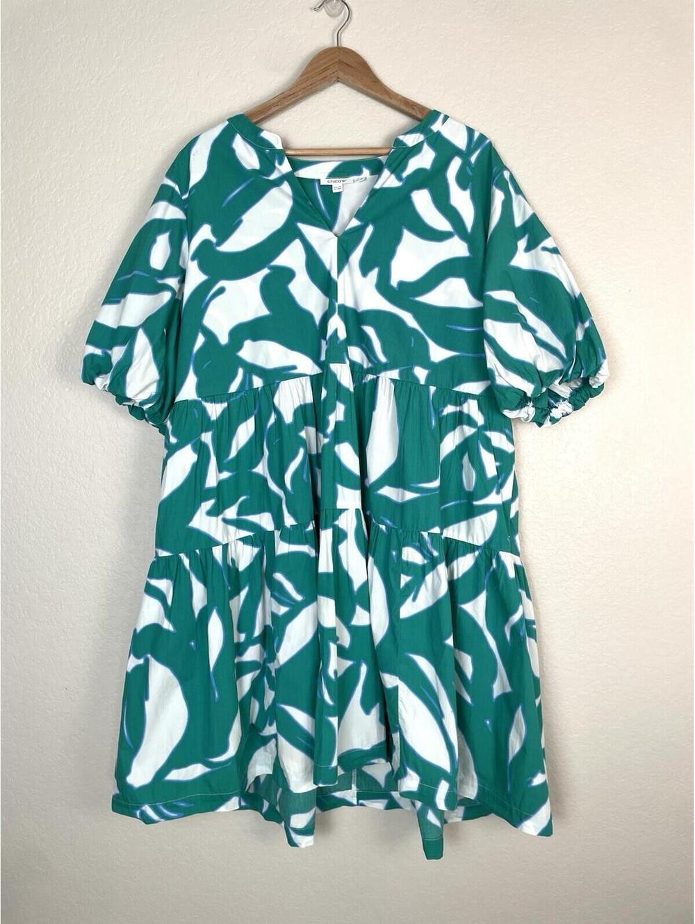 CHICOS Green Leaf Print Cotton Poplin Tiered Shift Dress Resort Puff Sleeve 3/16
